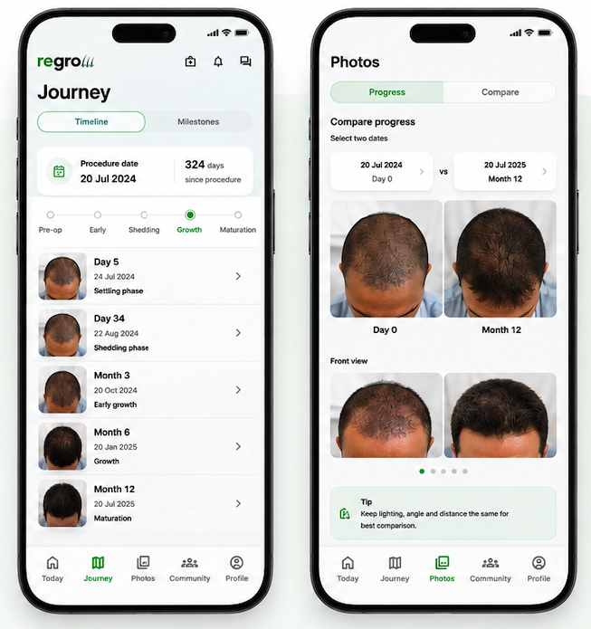 Regrow app showing the Journey timeline and photo comparison screens