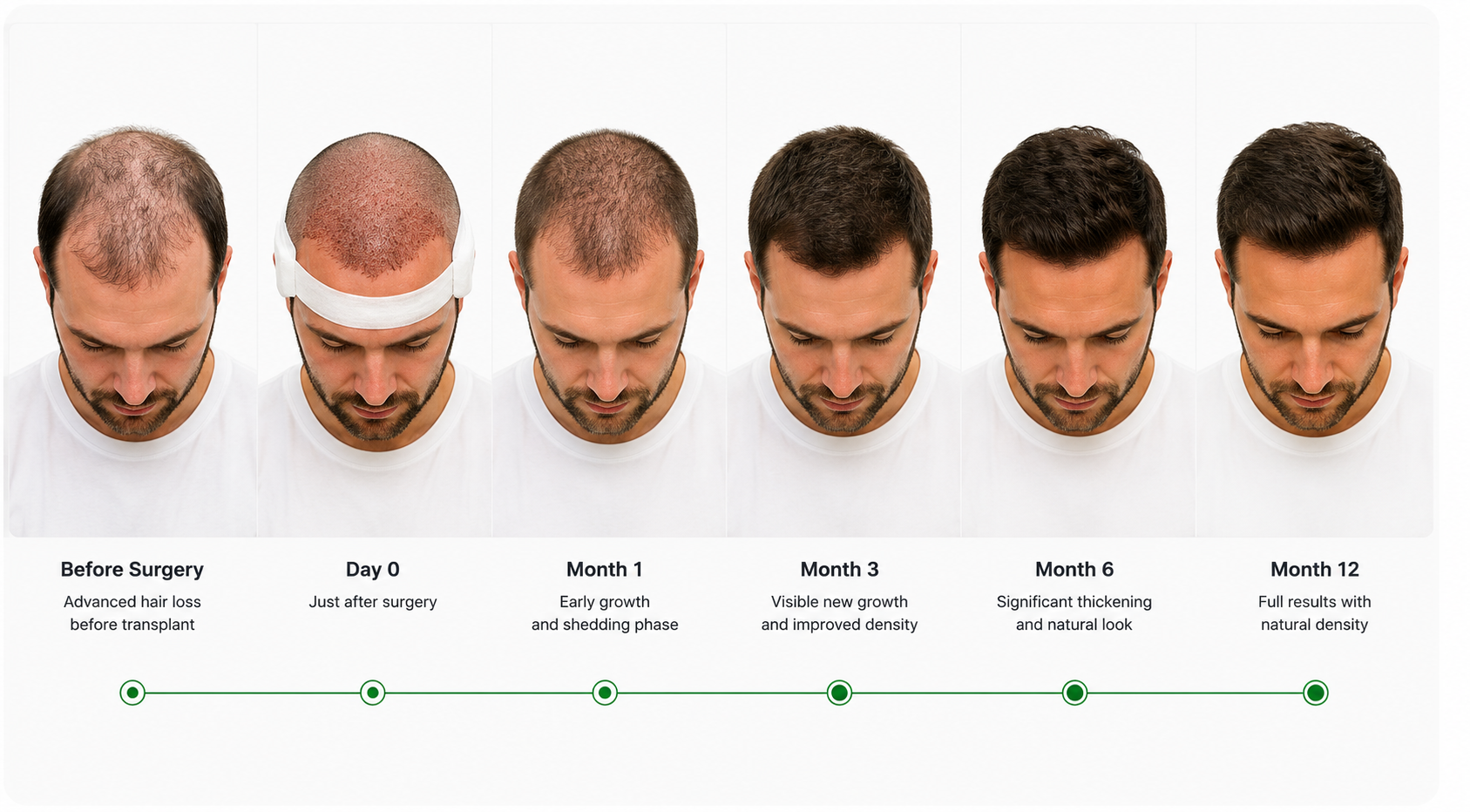 Hair transplant recovery timeline from before surgery through month 12