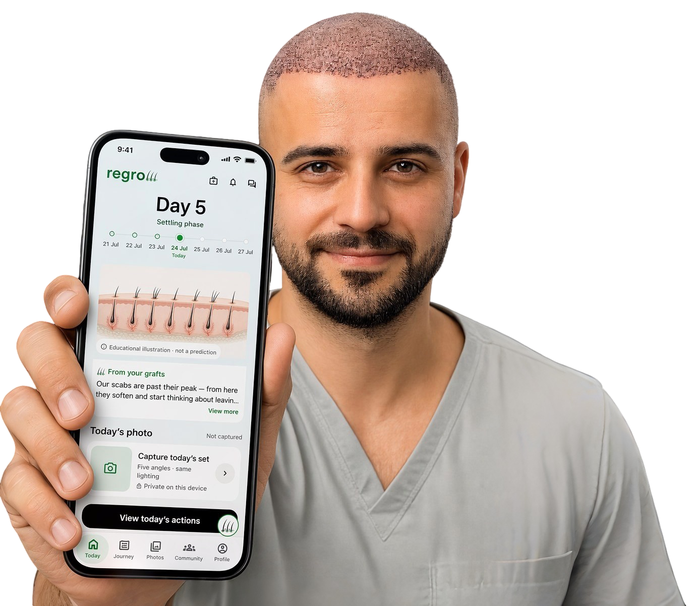 Person holding a phone showing the Regrow app on Day 5 of recovery